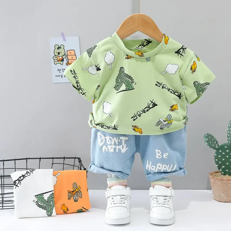 Summer Kids Boy Clothes Cotton Children Cartoon Printe T Shirts Denim Shorts 2Pcs/sets Infant Outfit Kids Fashion Toddler Suits