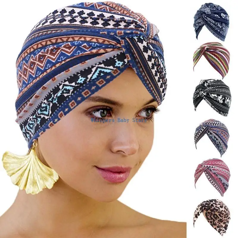 U90E Donne Boho Turbante Pieghettato Cappello Etnico Elefante A Righe per Avvolgere Testa per Croce Torsione Nodo Elastico