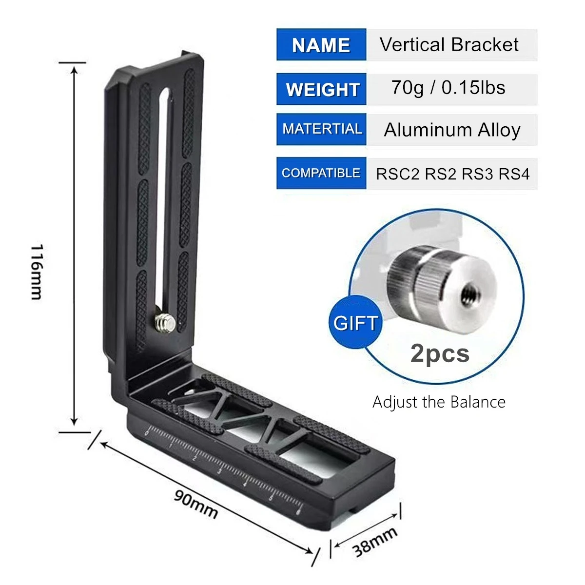 L Shape Bracket Quick Release Plate Vertical Shooting Mount for DJI Ronin RSC2 RS2 RS3 Gimbals, w Counter Weights for Balance