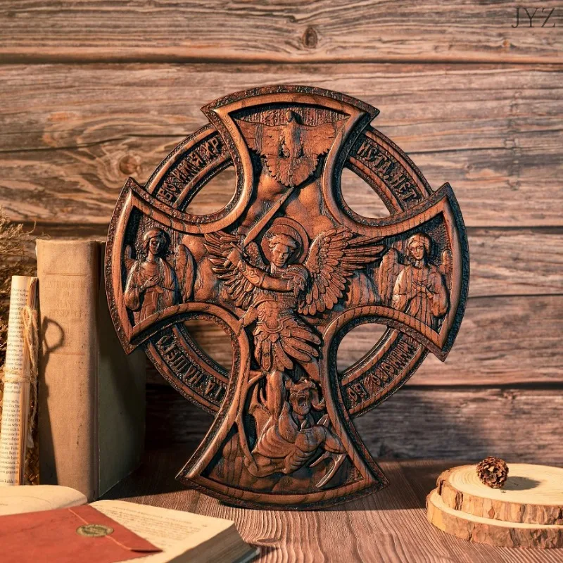 VintageOrthodox Archangel Cross Home Wall Decor, Wood Carving, Table Decoration, St. Michael's Church Decoration, Christian Gift