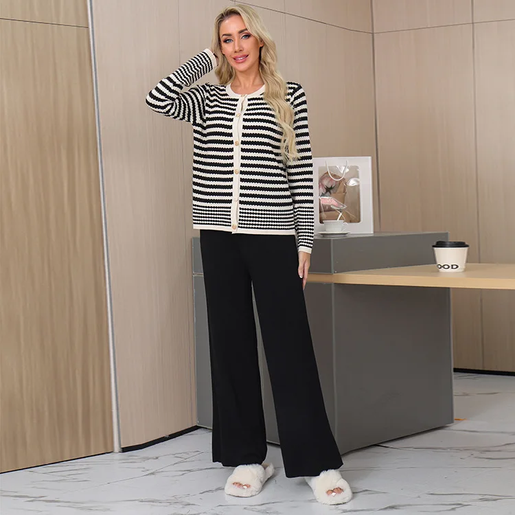 Stripe Round Neck Sweater And Wide Leg Pant Set Knitting Cardigan + Trouser Homewear Winter Women Suit Casual Ladies Outfits 2pc