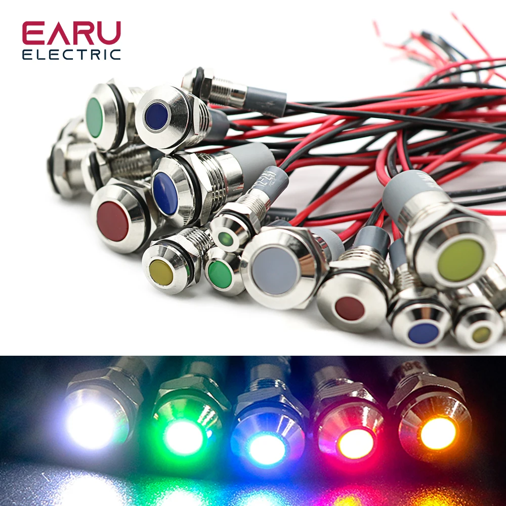 6mm 8mm 10mm 12mm Metal LED Warning Indicator Light Waterproof IP67 Signal Lamp Pilot Wires Switch 3V 5V 12V 220V Red Blue White