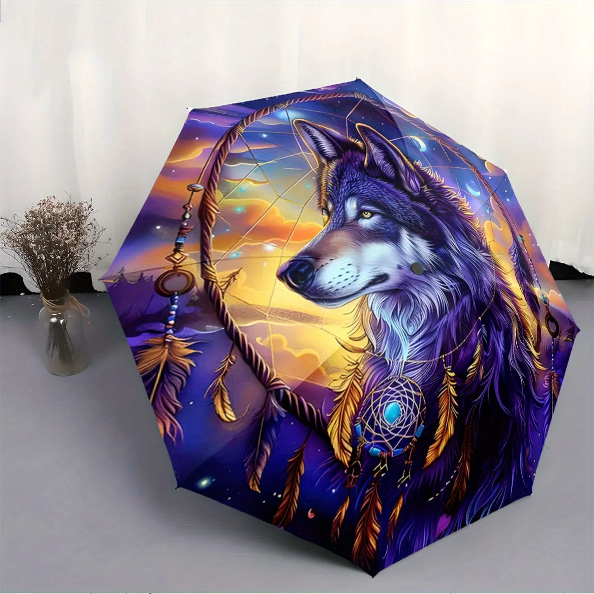 

Automatic Folding Umbrella A wolf with a dreamcatcher. Portable collapsible design, casual outdoor accessory, Christmas birthd