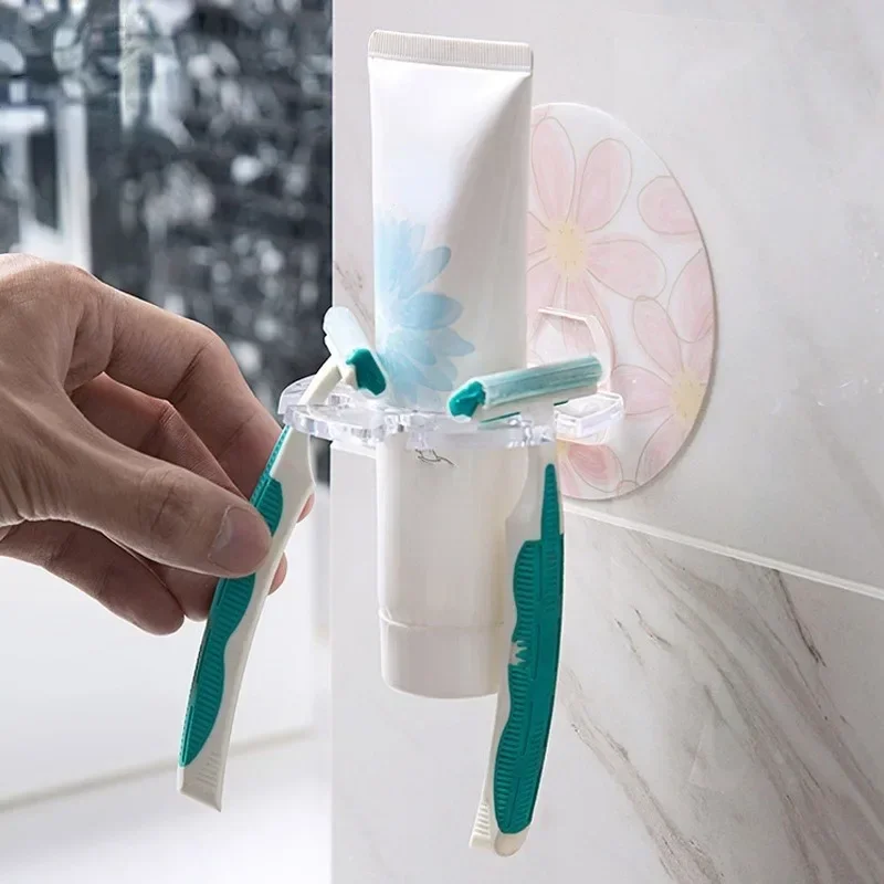 Self-adhesive Wall Plastic Toothbrush Holder Toothpaste Storage Rack Razor Toothbrush Dispenser Storage Bathroom AccessoriesTool