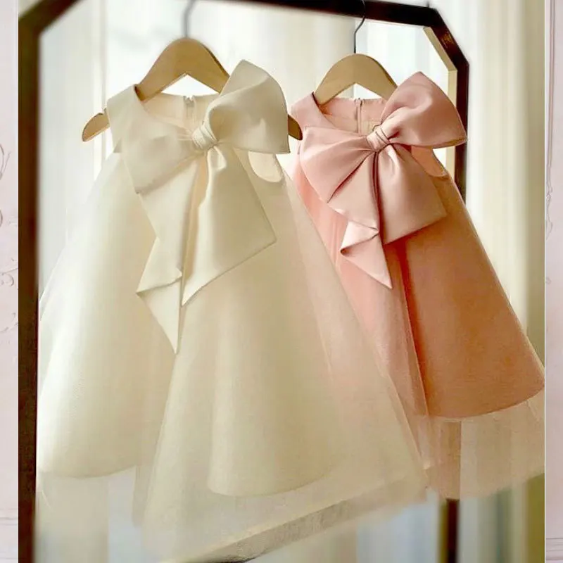 

2023 New Flower Girl Dress Kids Birthday Baptism Dresses For Children Elegant Big Bow Frocks Girls Boutique Party Wear Dresses