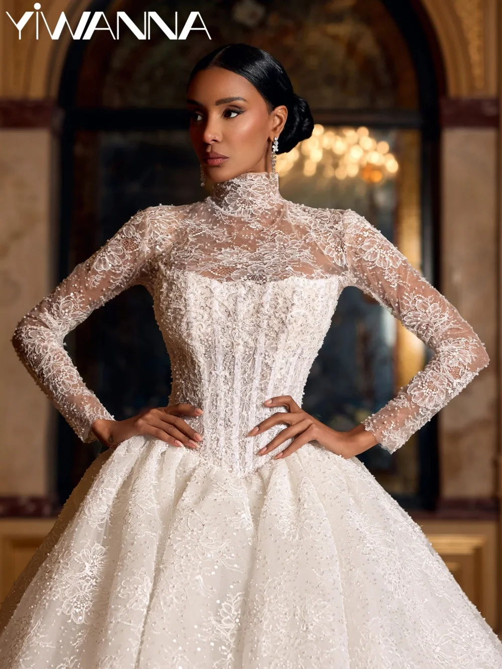 

Glimmering Lace Floor-length Wedding Dress Modest High Collar Long Sleeve Bridal Gown Customized Luxury Beaded Dresses For Bride