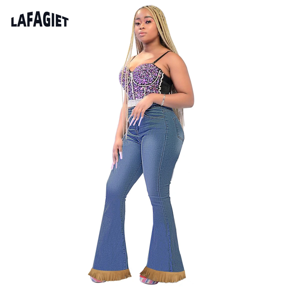 

Fashion Flared Pants Lady Denim Tassel Female Y2K High Waist Jeans Casual Wide Leg Denim Pants Elastic Skinny Flare Trousers