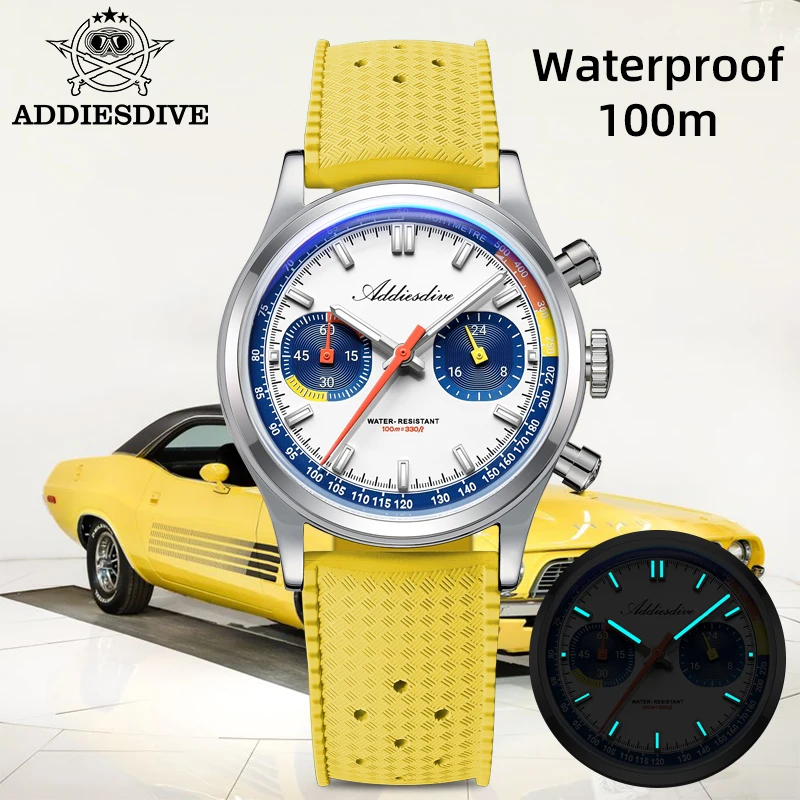 ADDIESDIVE nuevo cronógrafo de goma de flúor Reloj de cuarzo de lujo para hombres VK64 vidrio abovedado 100M relojes de moda impermeables AD2529 Reloj