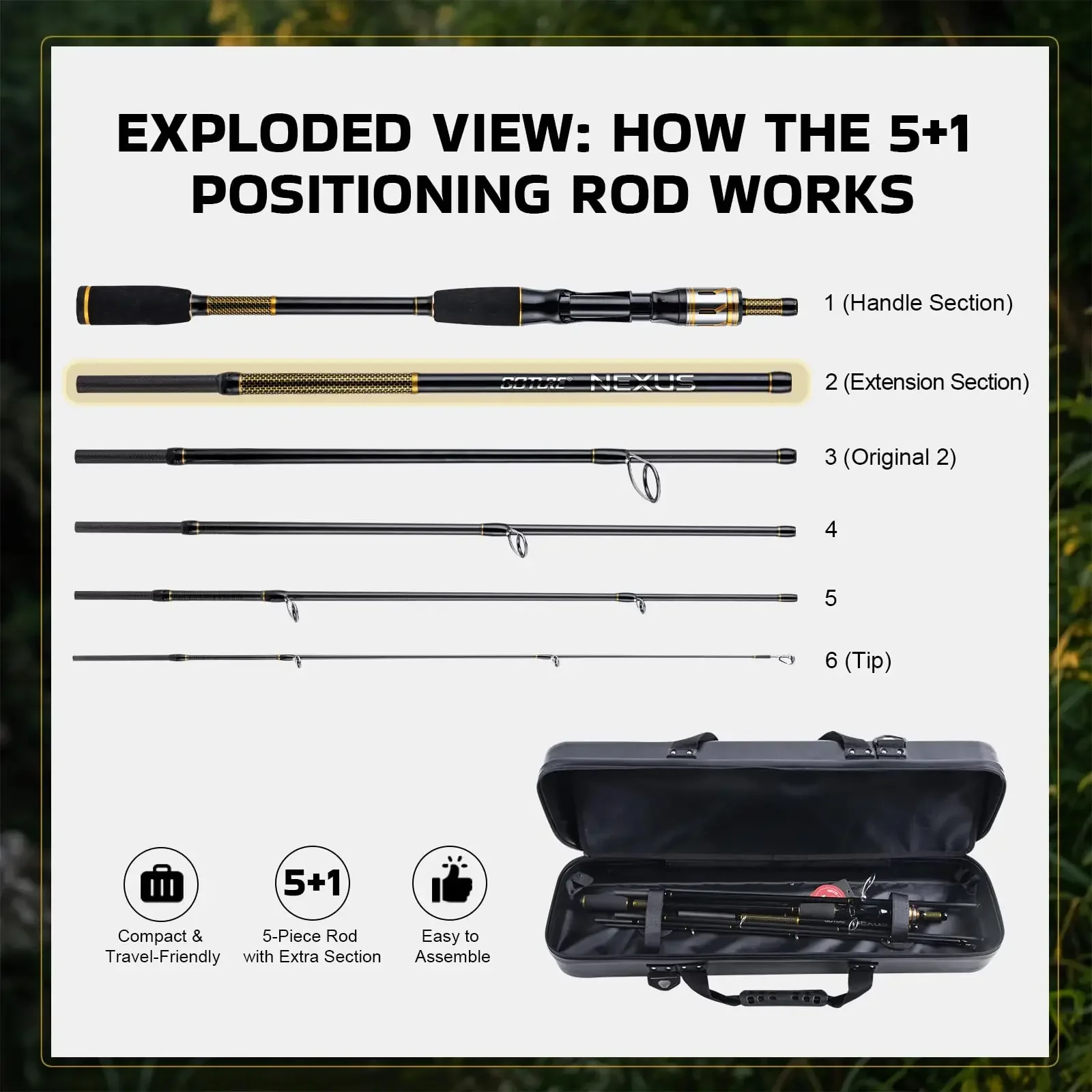Carbon Spinning Fishing Rod Combo, 5+1 Sections Travel Rod 3000 Reel Full Lure Tackle Kit with Hard Carry Bag