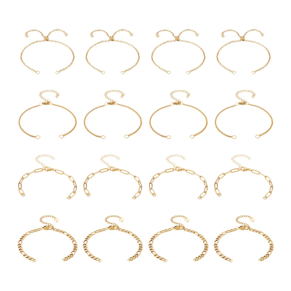 16Pcs 4 Style Adjustable 304 Stainless Steel Chain Link Bracelets Making Charm Slider Chain Jewelry Handmade Findings Gold Color