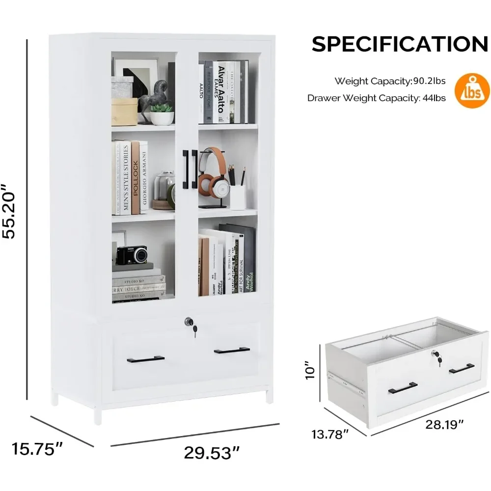 Lateral File Cabinet with Glass Doors and Locking Drawer for Hanging File Folders, Bookshelf with Adjustable Shelves