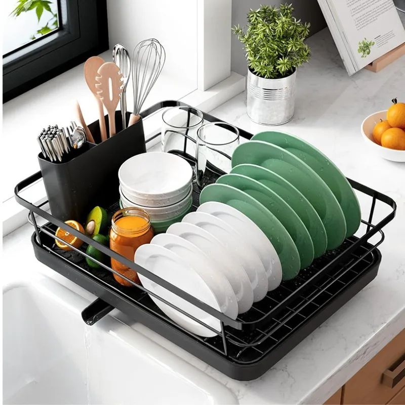 

Single Layer Dish Drainer - Sink Organizer for Plates/Bowls & Utensils, Compact Kitchen Drying Rack with Drain Board sink drain