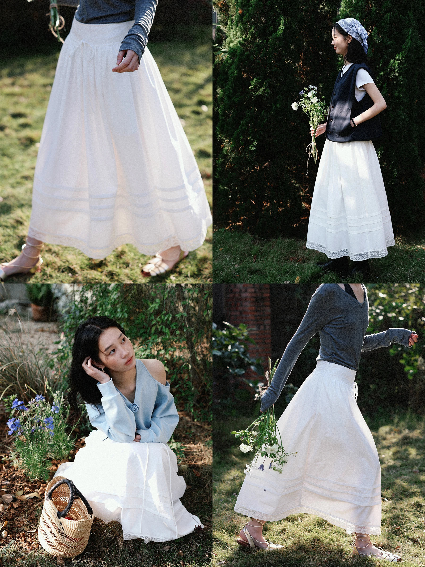 MUNNS Spring Outing Ruffle Lace Paneling Skirt Comfortable Lightweight High Waist A-Line Midi Skirt for Women Traveling
