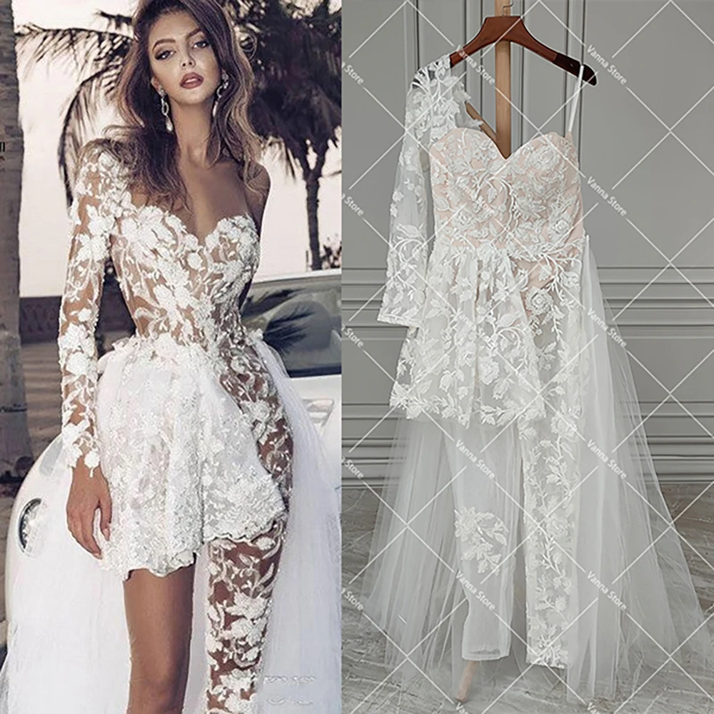 Long Sleeves Lace  Jumpsuit For Wedding Sweetheart Customized Embroidery Tulle Sweetheart Corset Hippie Unique Bridal Gown