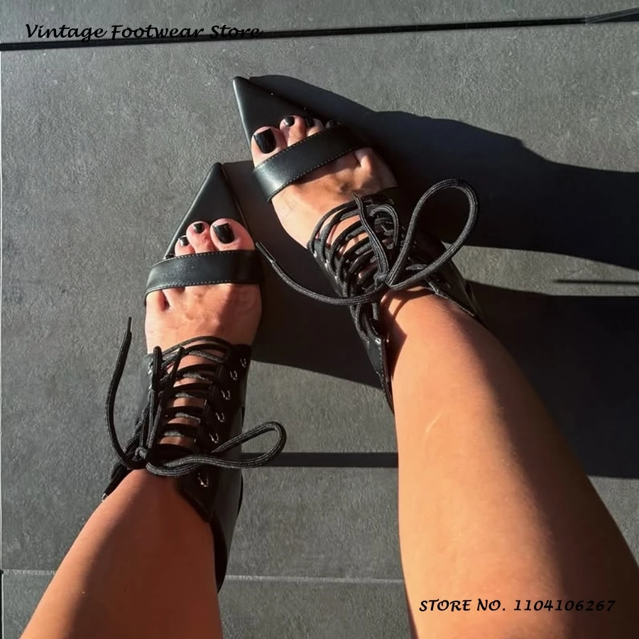 

Black Cross-tied Sandals Sexy Pointed Open Toe Thin Heels Plus Size Shoes Women's Spring Summer Fashion Lace-up Stilettos