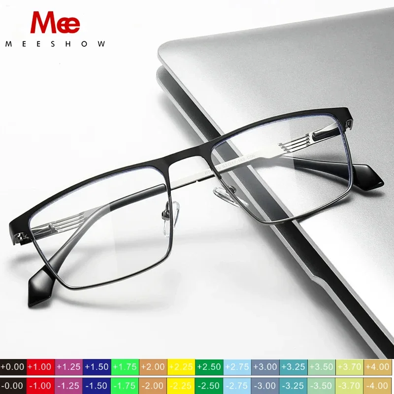 MEESHOW New Men's Anti-blue Light Reading Glasses Metal Eyeglasses Square Frame Business Casual Prescription Customized Reader