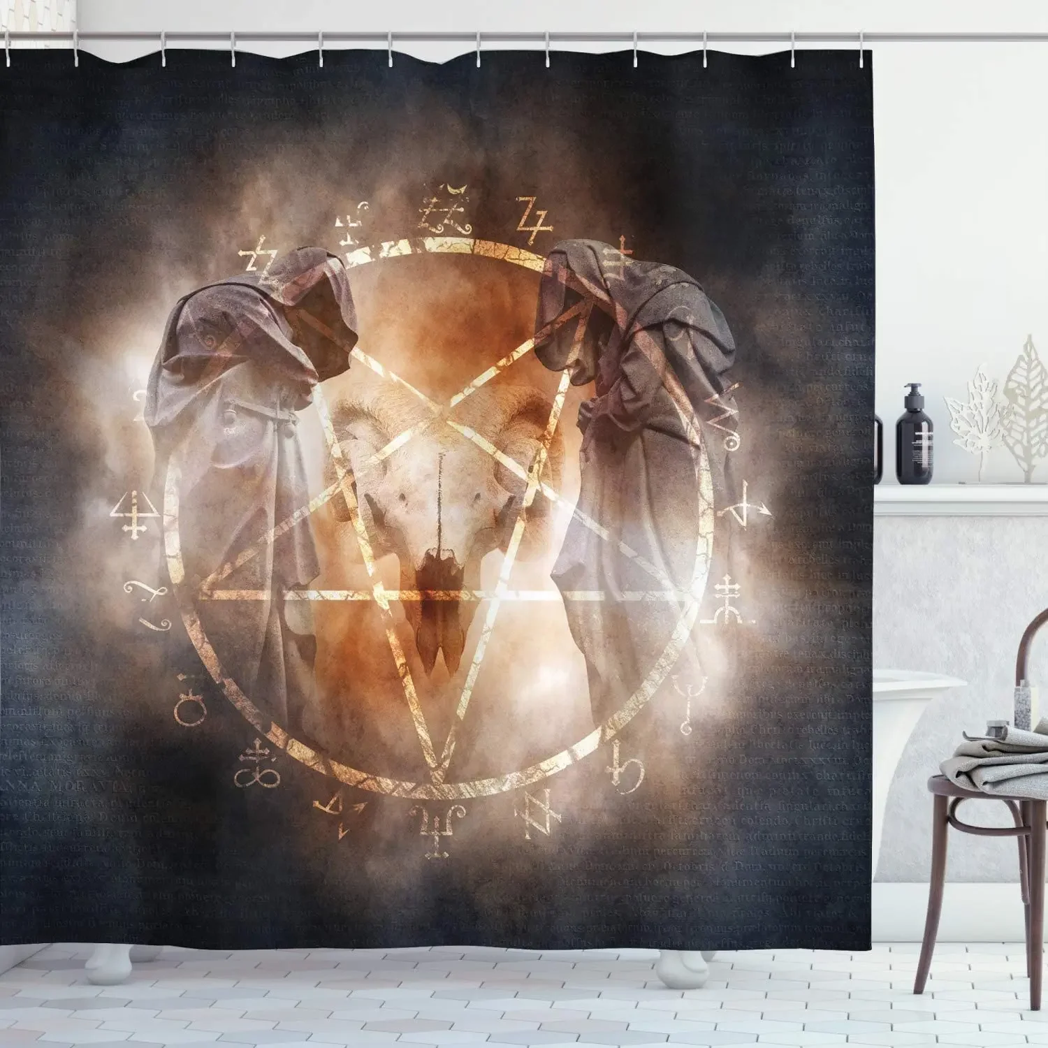 Horror House Shower Curtain Pentagram In Black Magic Ceremony Lucifer Demonic Occult Skull Print Bathroom Decor