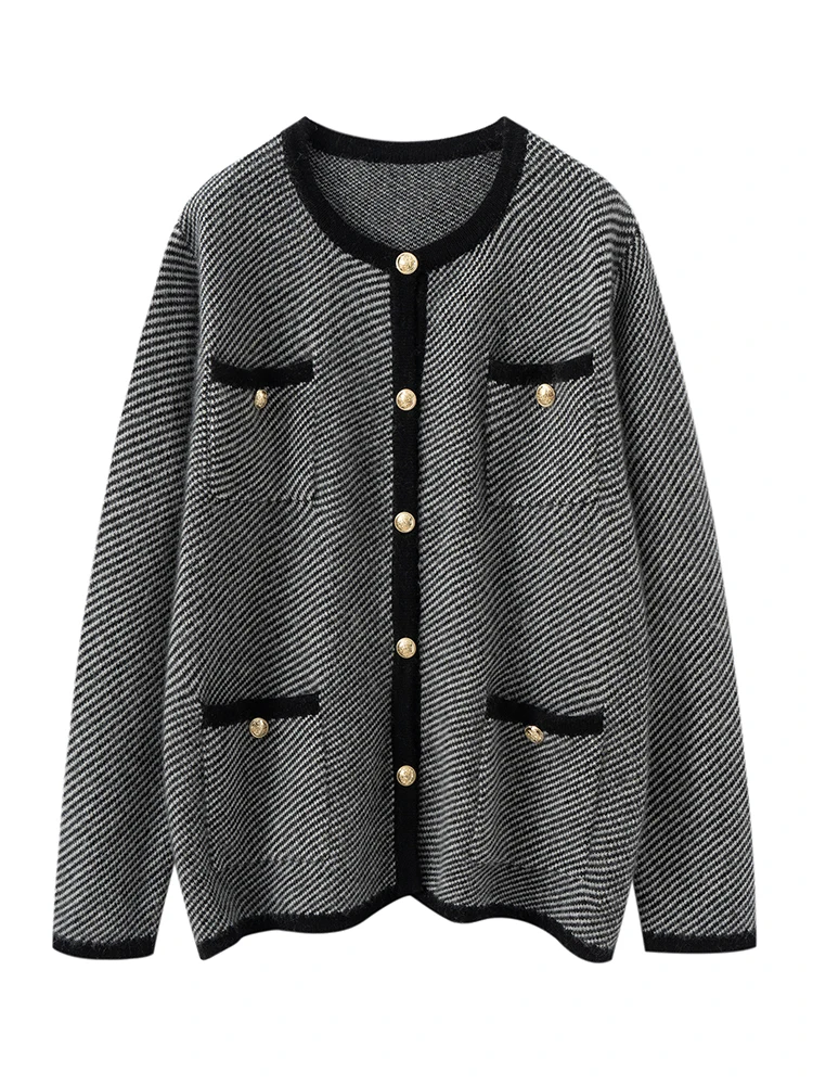 

Grace Casual Loose Pokets Striped Cardigan Sweater Thick 100% Cashmere Women's Soft Warm Autumn Winter Elegant Clothing Tops