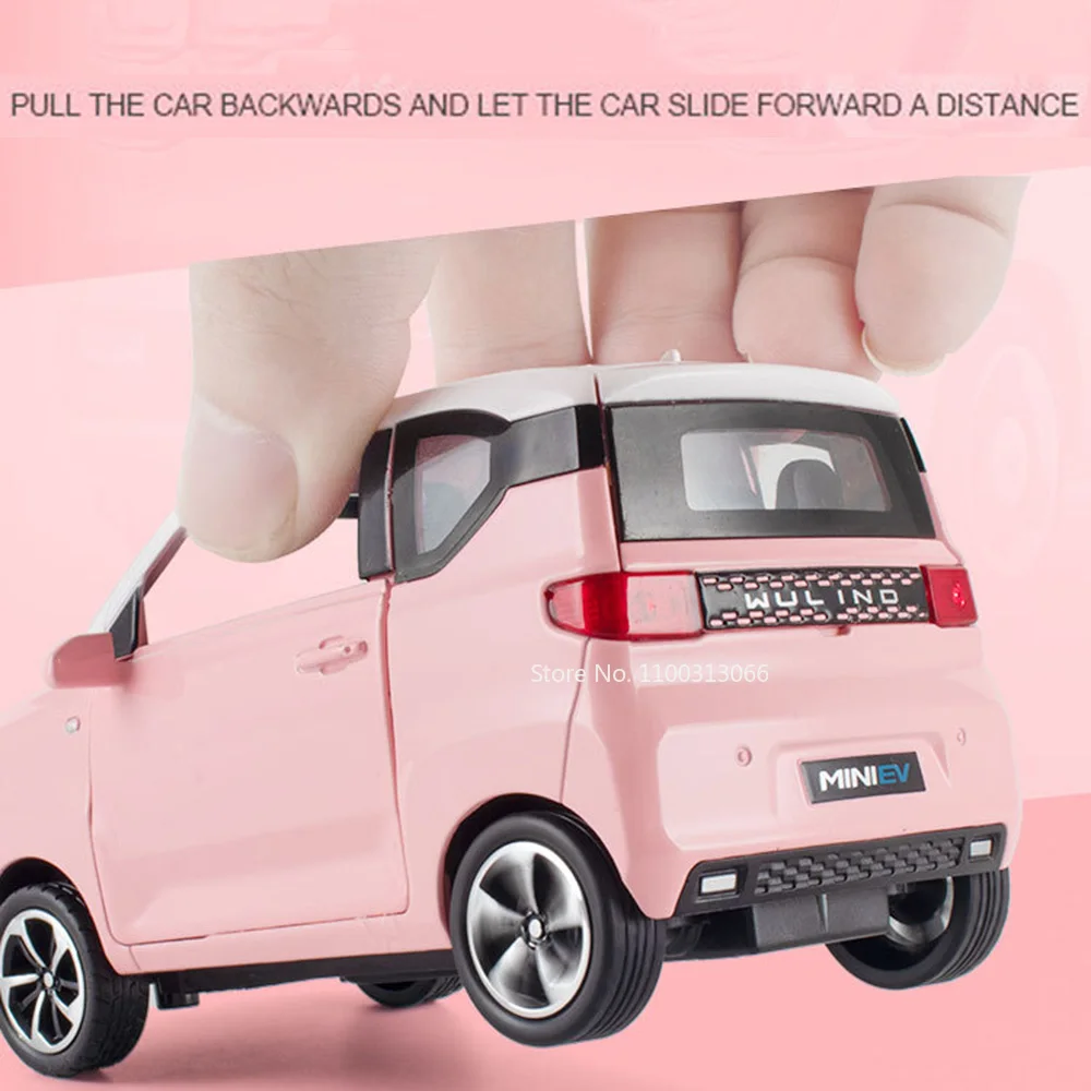 1/24 Skala WULING MINI EV Metalowe zabawki Samochody Diecast Modele Koło Pull Back Gumowe opony Pojazdy dla chłopców Prezenty urodzinowe