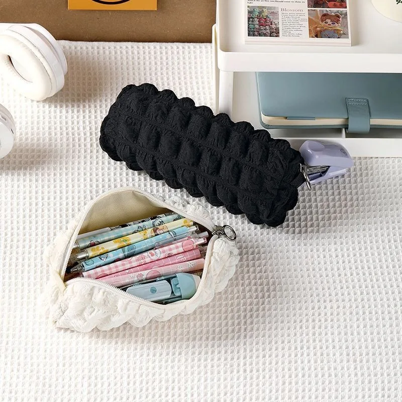 Cream Puff Pen Bag Large Capacity Solid Color Soft Makeup Bag Stationery Bag