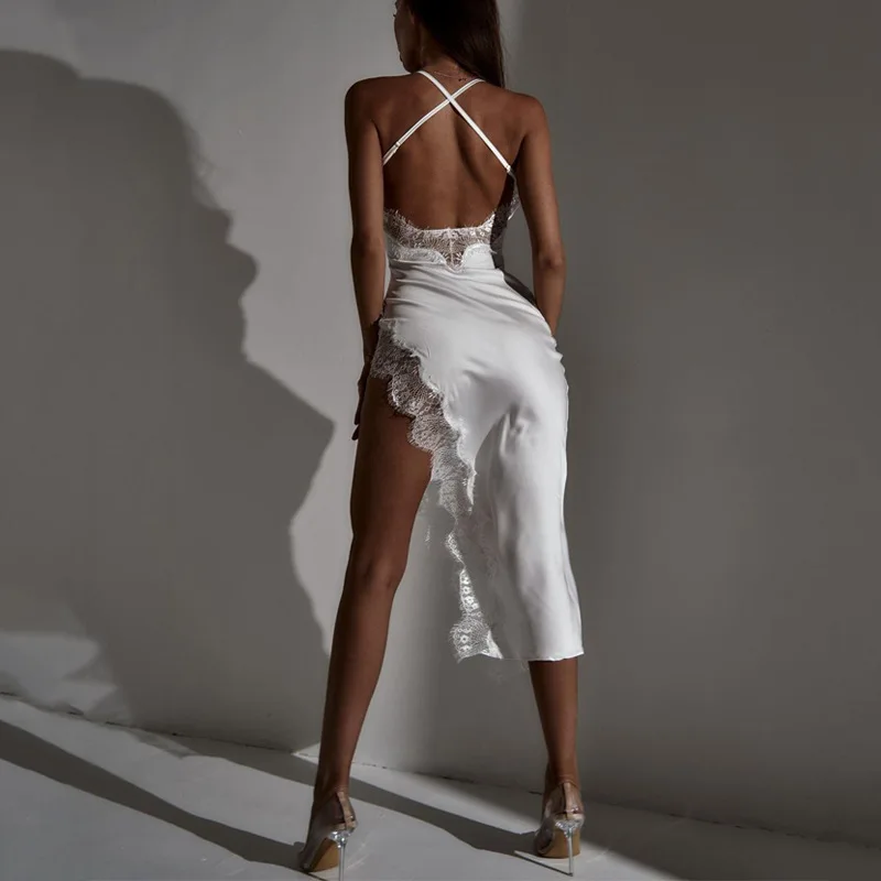 Sexy Spitzen-Midi-Bodycon-Kleid für Damen, 2026, ärmellos, rückenfrei, hohe Gabel, Party-Club-Kleider, schmale Passform, schwarze weiße Roben