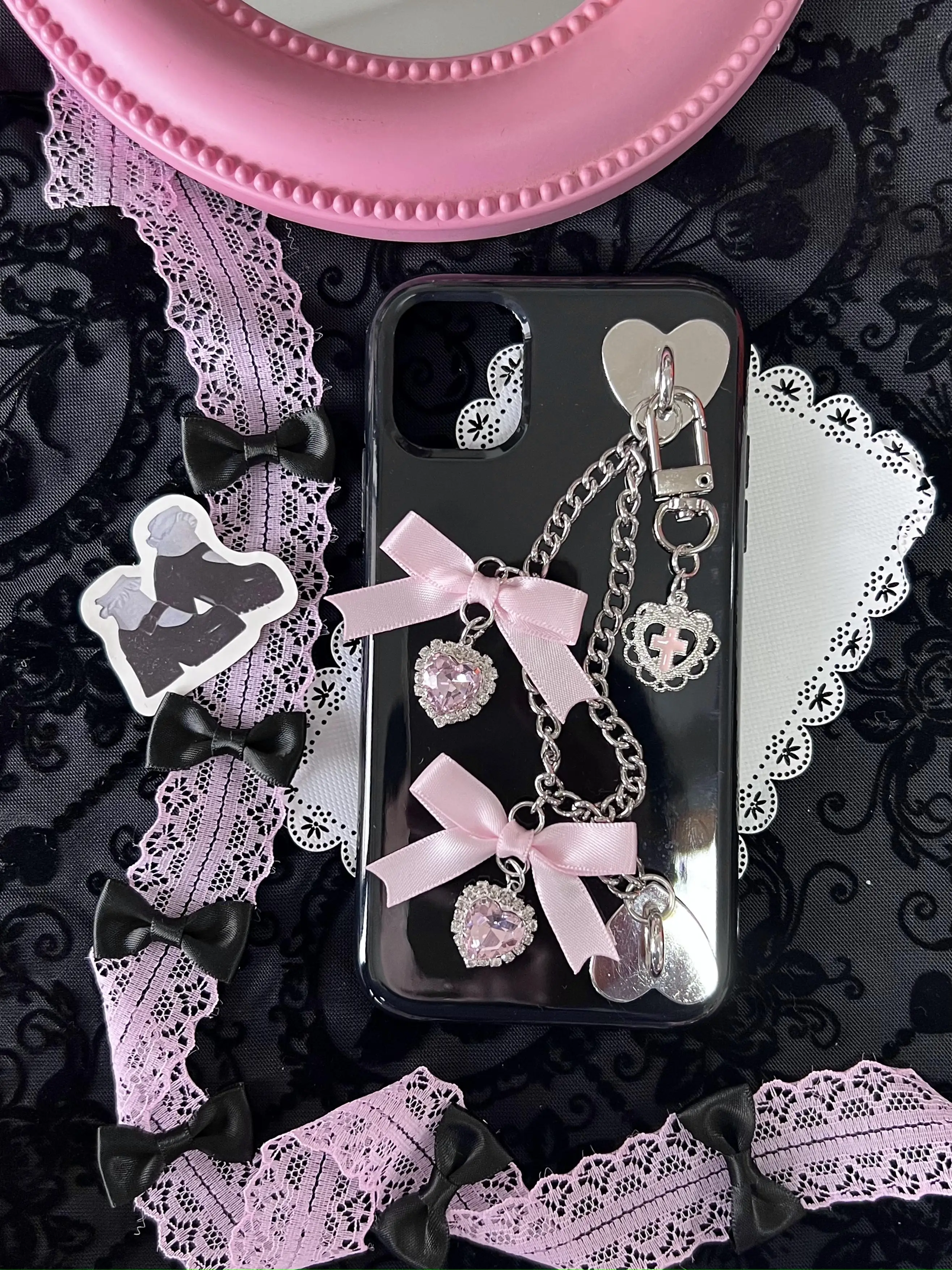 Japanese Mine Iphone15 Chain Punk Cool Phone Case Female Girls Apple 14promax Bow Rhinestone Bow Rhinestone Mobile Phone Case