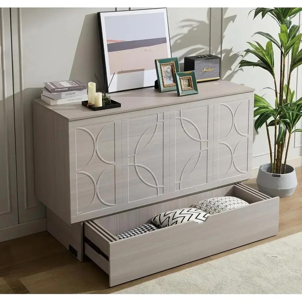 Queen Size Wall-Mounted Murphy Bed with Charging Station & Storage, Space-Saving for Bedroom, Living Room, Office (Grey)