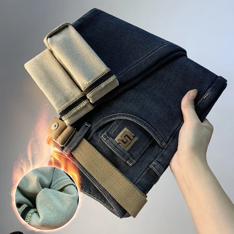 

2025 Winter Fleece Jeans for Men, Thickened Warm, Slightly Loose Thick, Slim Fit, Light Luxury Pants
