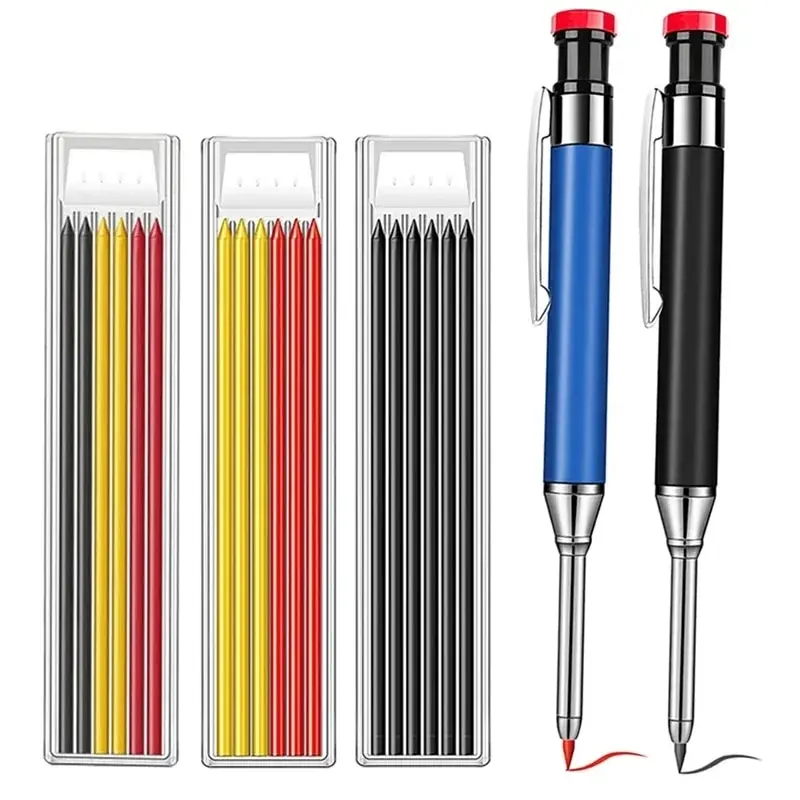 Metal Solid Carpenter Pencil Mechanical Pencil Set Built-in Pencil Sharpener with Refill Leads Deep Hole Drawing Marking Tools