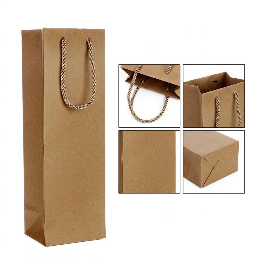 Reusable Cowhide Paper Wine Bags for 750ml Bottles Set of 12 Foldable Brown Packaging with Reinforced Twisted Handles