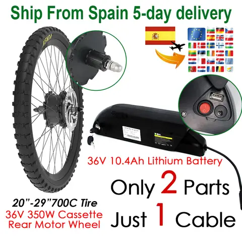 Motor de cubo de Cassette de rueda trasera de 20-29 pulgadas, Kit de conversión de bicicleta eléctrica de 350W con batería de 36V, 10,4 Ah, freno de disco de fácil instalación
