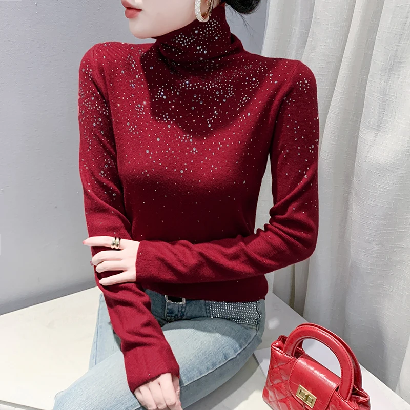 2025,New,European,Clothes,Fall,Winter,Knitted,Turtleneck,Sweater,Fashion,Sexy,Diamonds,Starry sky,Women,Long Sleeves,Tops,41115