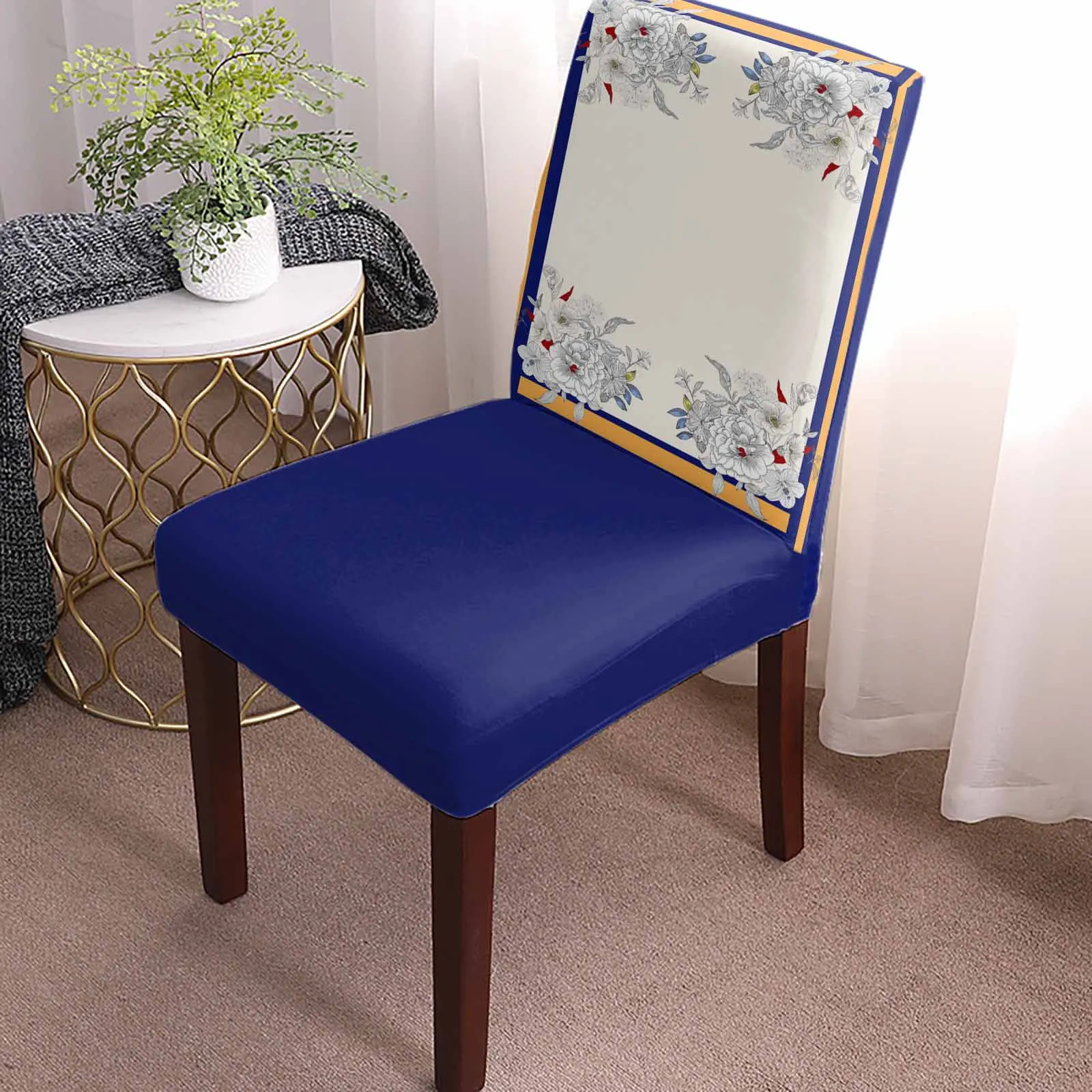 Flower Stripes Blue Dining Chair Covers Spandex Stretch Seat Cover for Wedding Kitchen Banquet Party Seat Case