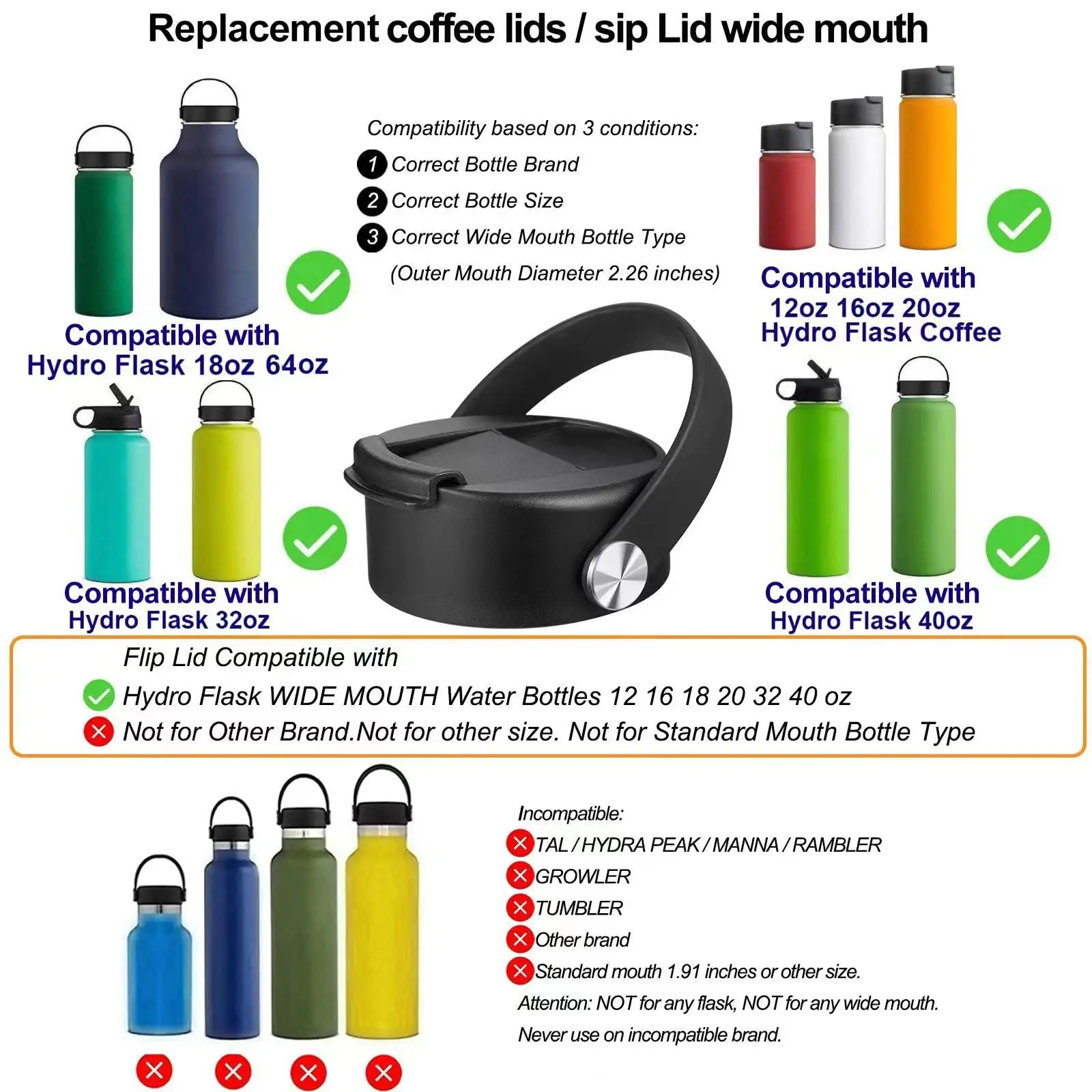 Flip Lid Replacement For Hydro Flask Wide Mouth 32 40 Oz With Flexible Handle Coffee Cap Compatible With Nalgene Bottle