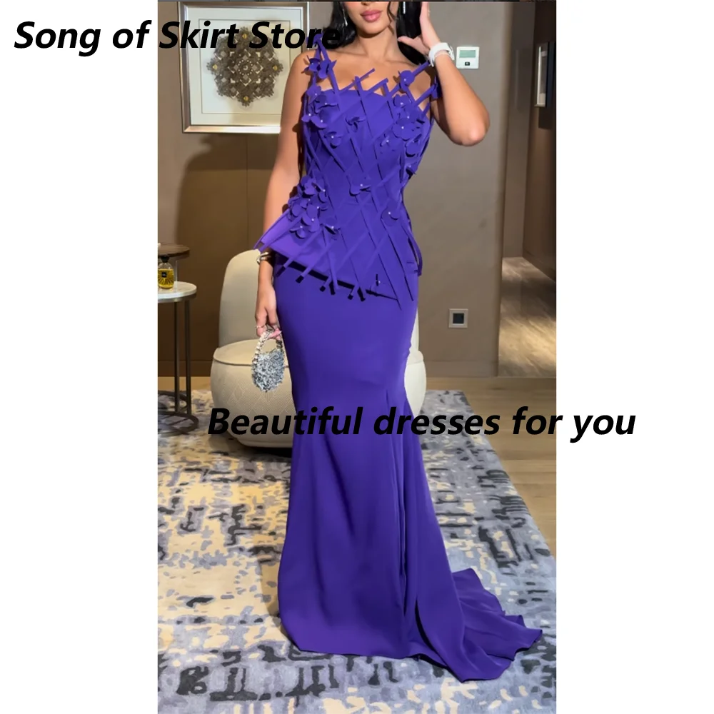 

2025 Evening Dress Mermaid Appliqued Spaghetti Strap Jersey Long Evening Gowns Purple Women's Formal Party Dresses Customized