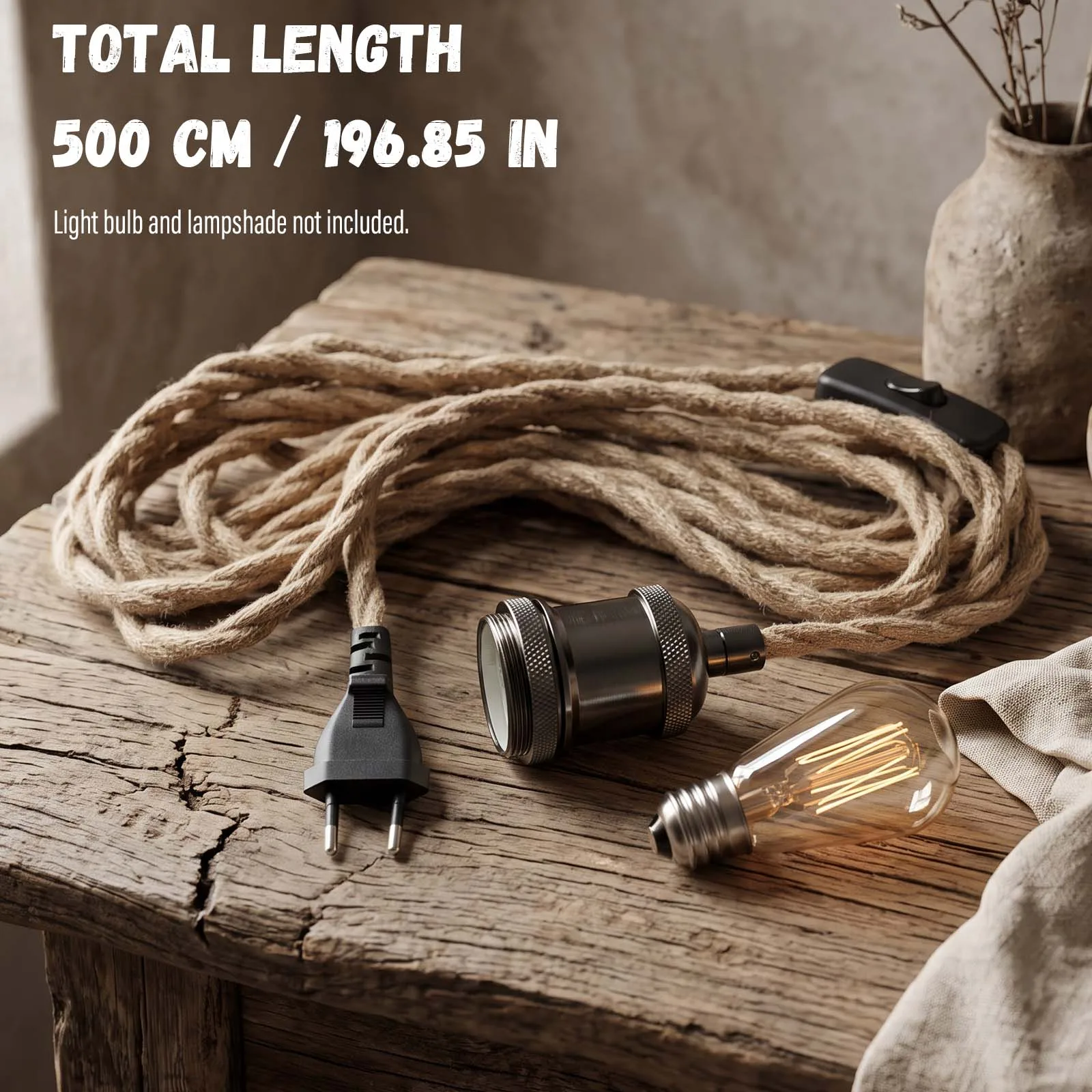 Hanging Lamp Cord, Natural Jute Rope Cable, Pearl Black Metal Holder, Black On Off Switch, 2-pin Plug, Loft, Cafe, Decor