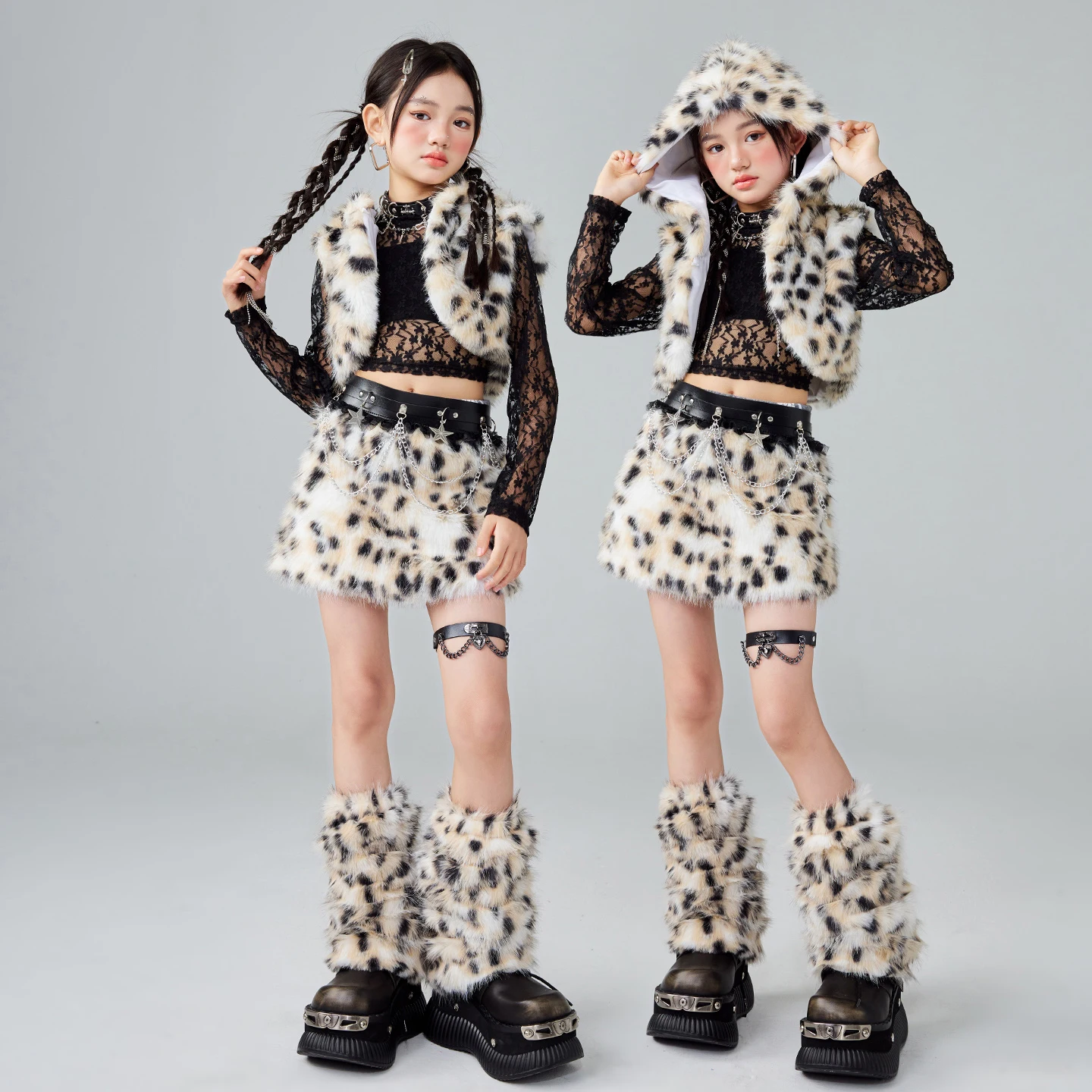 어린이 재즈 댄스 의상 소녀 레오파드 힙합 댄스 공연 의상 어린이 볼룸 댄스 의류 레이브 착용 XS10746