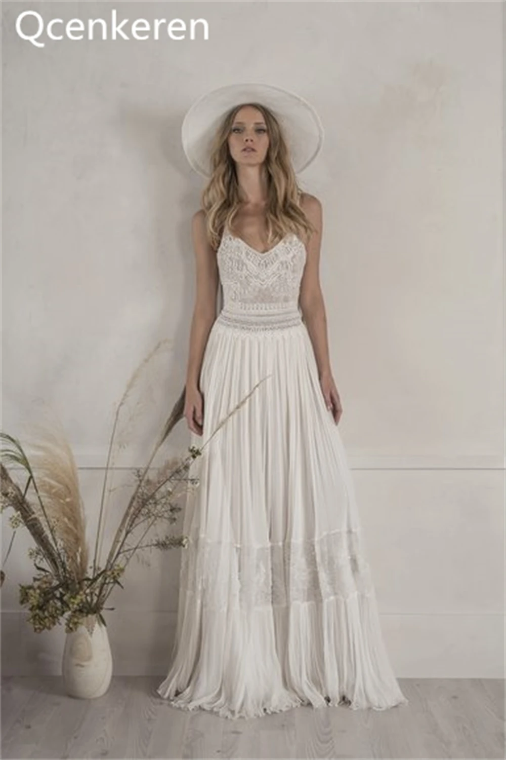 Qcenkeren-Robe de Mariée en Mousseline de Soie pour Femme, Sous-Vêtement en Dentelle, Forme Trapèze, Style Boho, pour la raq en V