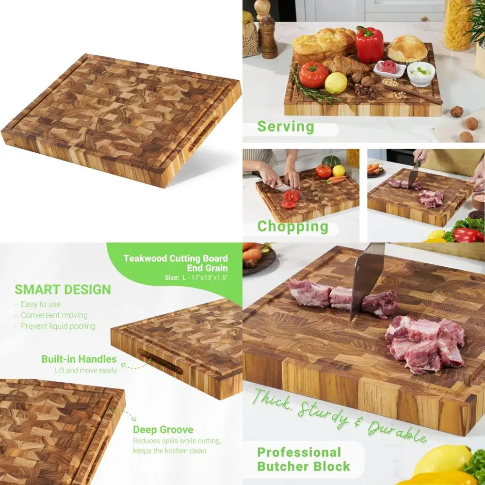 

Разделочная доска из тикового дерева с крупным концом — двусторонняя, глубокая канавка для сока, приятный для ножей, экологически чистый кухонный блок для мясника