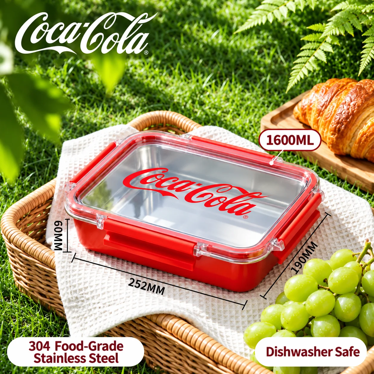 Coca Cola 304 roestvrijstalen lunchbox, lekvrij, makkelijk schoon te maken, draagbare bentobox voor kantoor, school, picknick, kamperen, kerstcadeaus