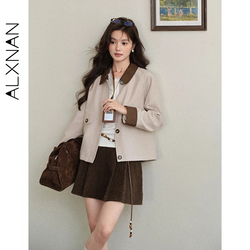 ALXNAN veste courte automne nouveau col rabattu Patchwork poignets femme manteaux poche coupe ample décontracté déplacements vêtements d'extérieur L57923