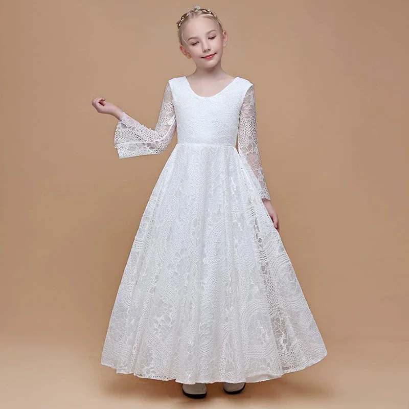 

White Lace Trumpet Sleeves Long Sleeves Floor-length Evening Dress Junior Bridesmaid Dress Girl Concert Dress/Custom
