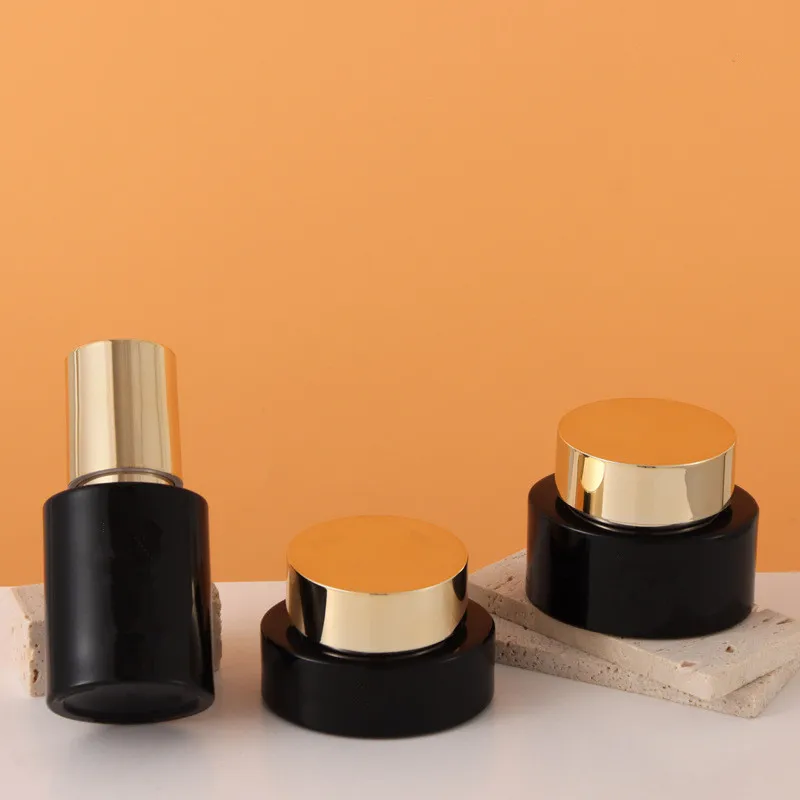 Black Glass Bottles Empty 30ml 40ml 100ml 120ml Mist Spray Lotion Pump Gold Lid 30g 50g Oval Cosmetic Cream Jars
