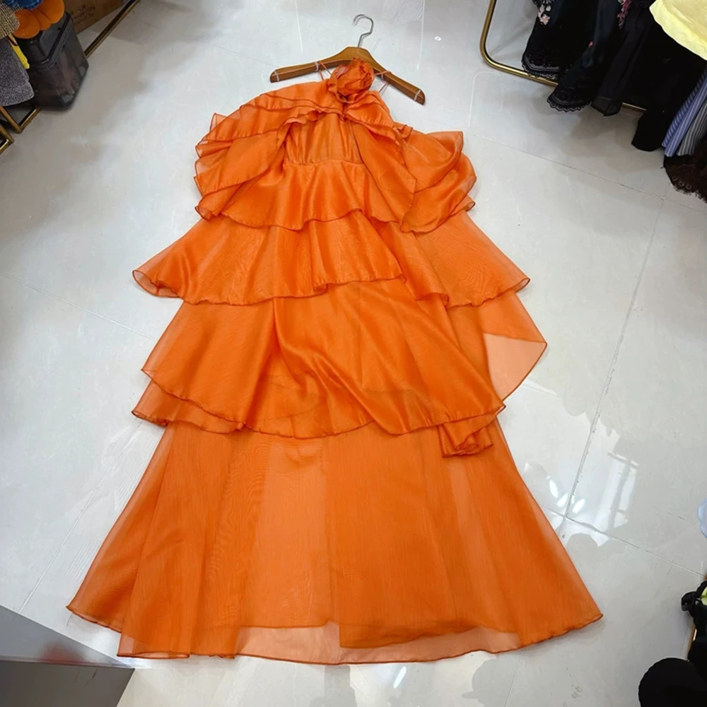 

European, American and Australian niche ruffled three-dimensional flowers large backless ruffled long skirt dress-GZXX329