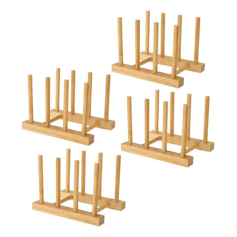 4PCS Bamboo Dish Rack 3 Slots Cutting Board Plate Rack Stand Pot Lid Holder For Vinyl Record Storage Holder And More