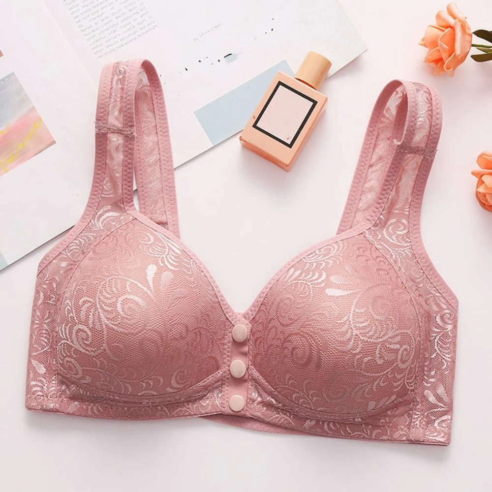 Sweet Mesh Lace Floral Bra Plus Size Seamless Wireless Bras Women Lingerie Widen Band Front Button Elderly Bra Lingerie