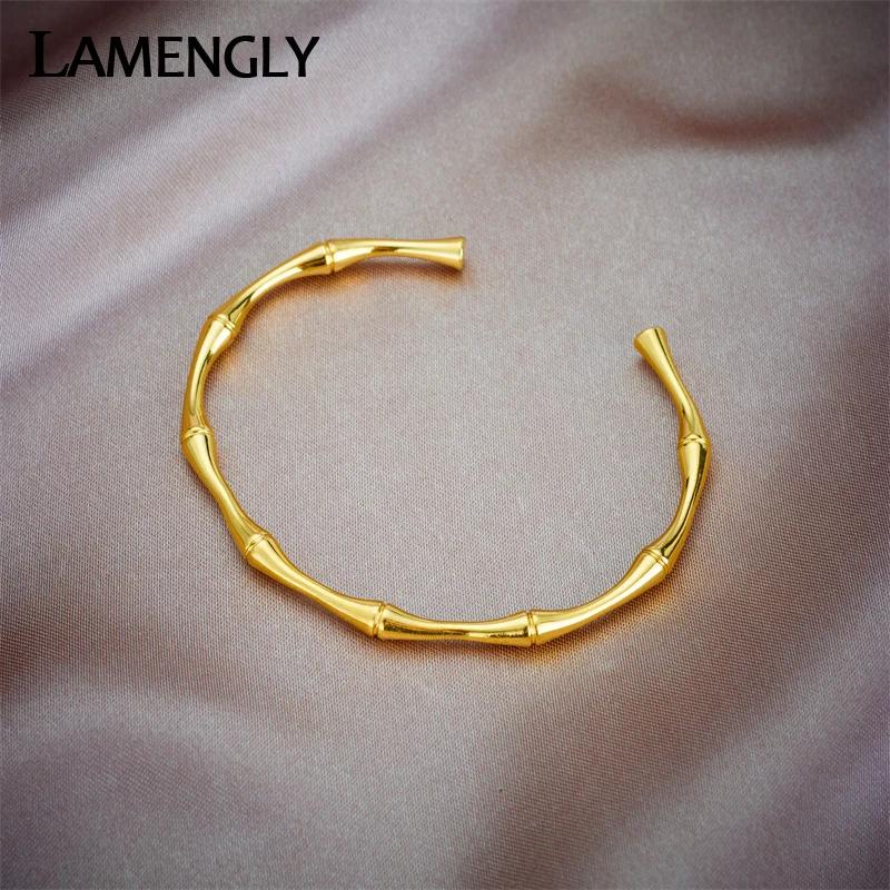 LAMENGLY 316L Stainless Steel Adjustable Bamboo Bangle Bracelet For Women New Trendy Non-fading Jewelry Birthday Gifts Pulseira