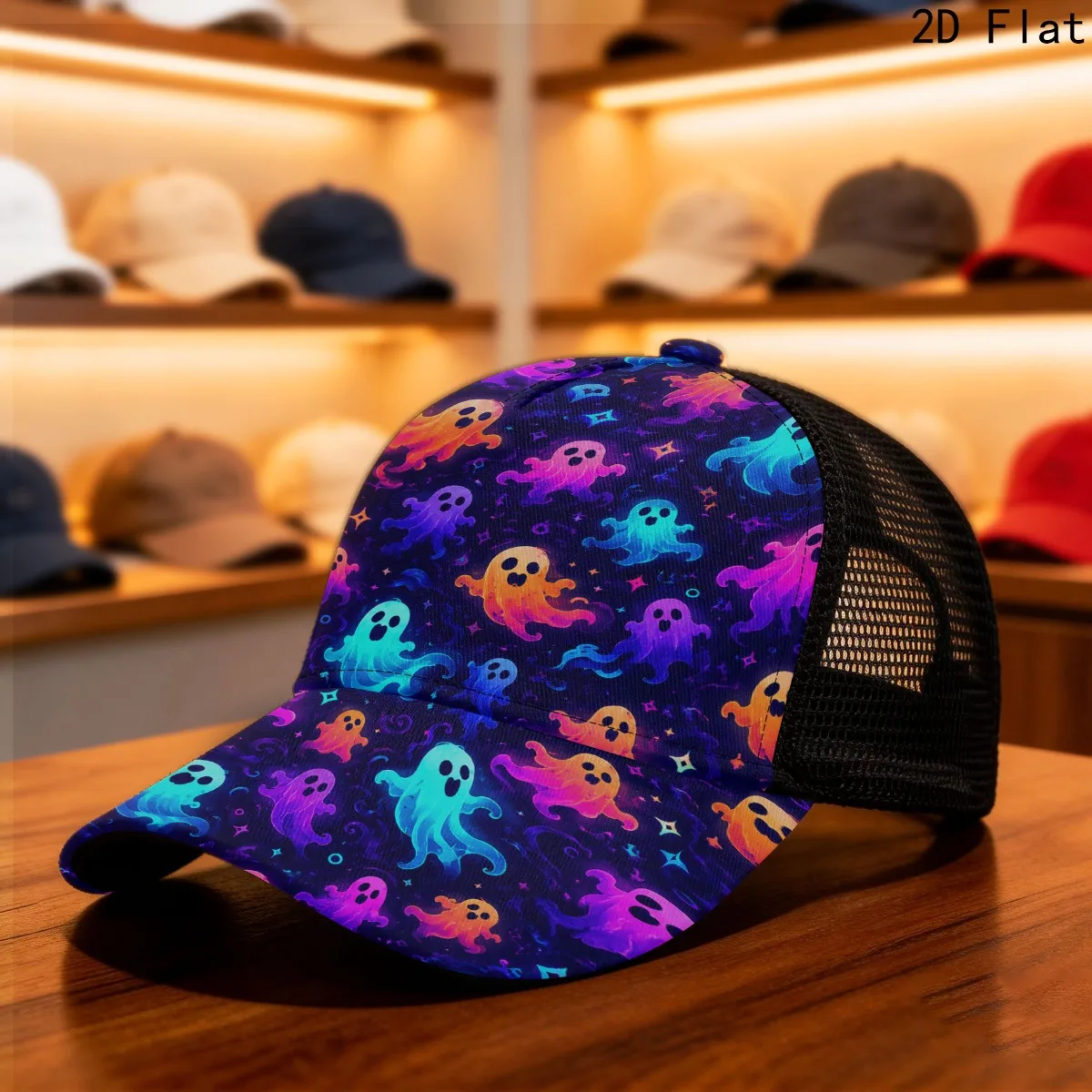 2D Flat Neon Colorful Ghost Print Sporty Mesh Cap, Durable Unisex Headwear Street Style Trendy Design, Flexible Breathable