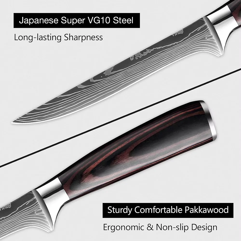 طقم سكاكين مطبخ مكون من 6 قطع من الفولاذ المقاوم للصدأ، يتضمن سكين الشيف، الخبز، سكين العظم، سكين الفاكهة، مع حامل سكاكين من الخشب الصلب