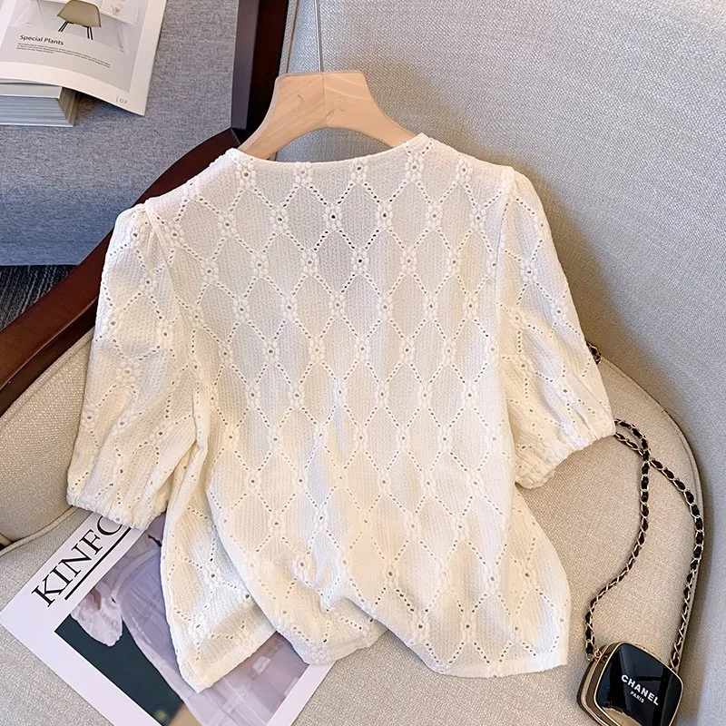 Shirts for Women Spring Hollow Out Design Drawstring V-neck Elegant Solid All-match Cozy Korean Clothing Gentle Female Daily